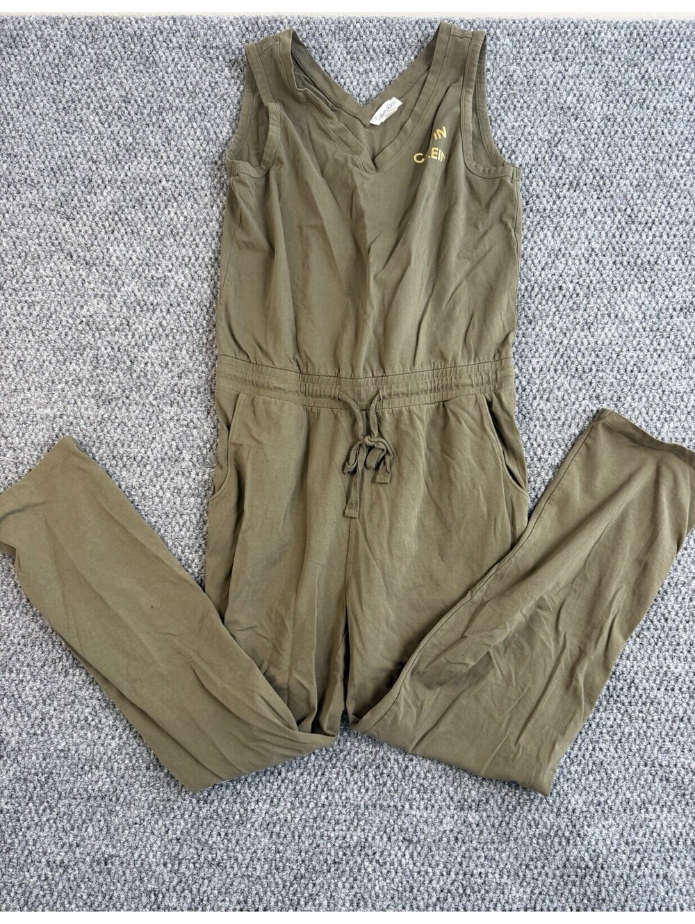 Calvin Klein Women’s Olive Sleeveless Jumpsuit Drawstring Waist Size Medium